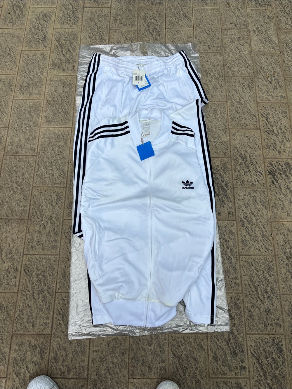 adidas White & Black 3-Stripe Men's Track Jacket and Joggers deals are done